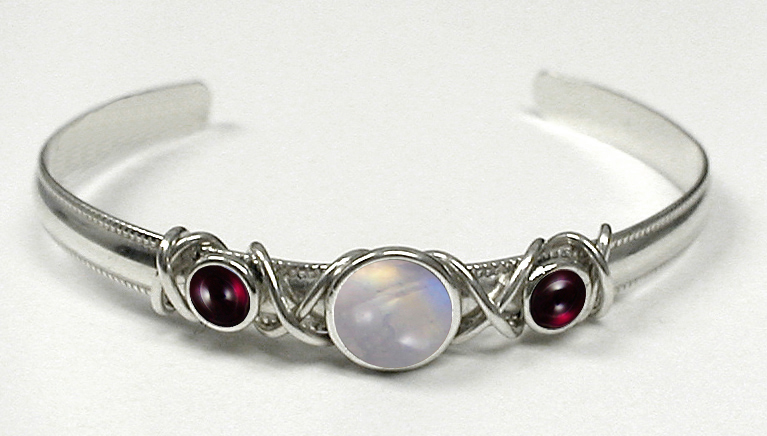 Sterling Silver Hand Made Cuff Bracelet With Rainbow Moonstone And Garnet